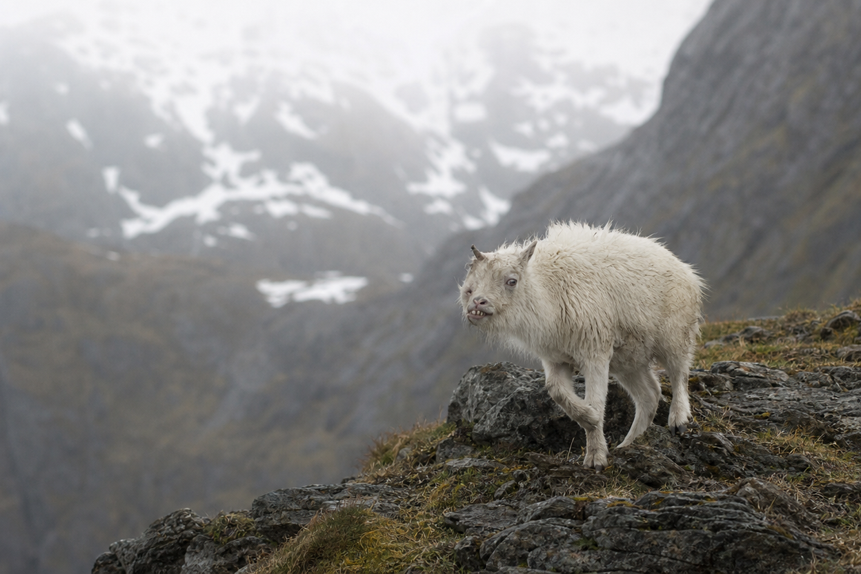 A mountain goat named Elon, born with a rare congenital genetic disorder and an old leg injury, standing on a rocky ridge in the Scottish Highlands.